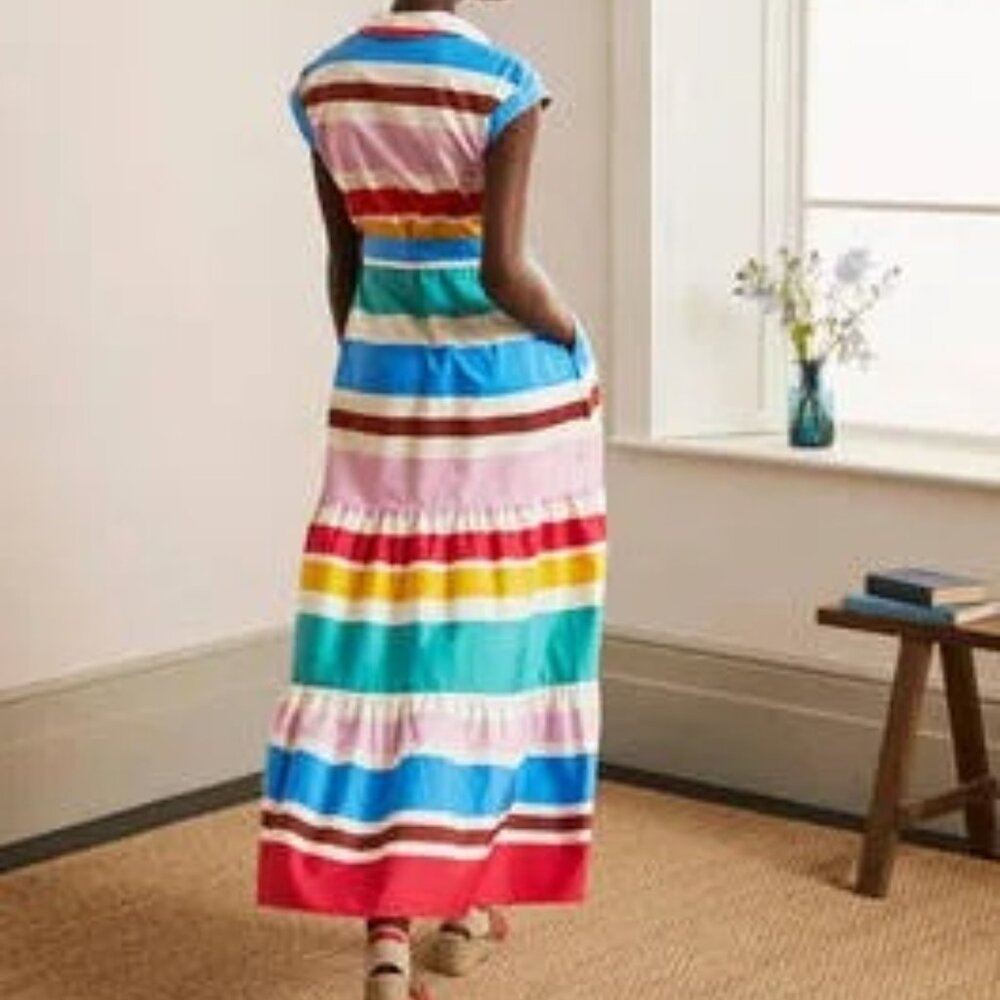 Boden Betty Maxi Shirt Dress Tier Summer Multi Stripe Size 16/18 #W0752-MUL NWT